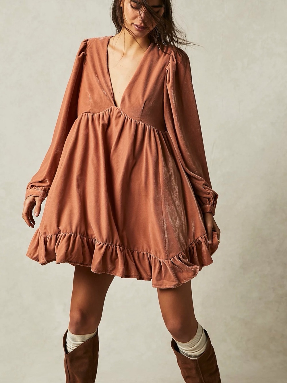 Free People Estelle Velvet Flounce Mini Dress Rose Pearl V-Neck Balloon Sleeve
